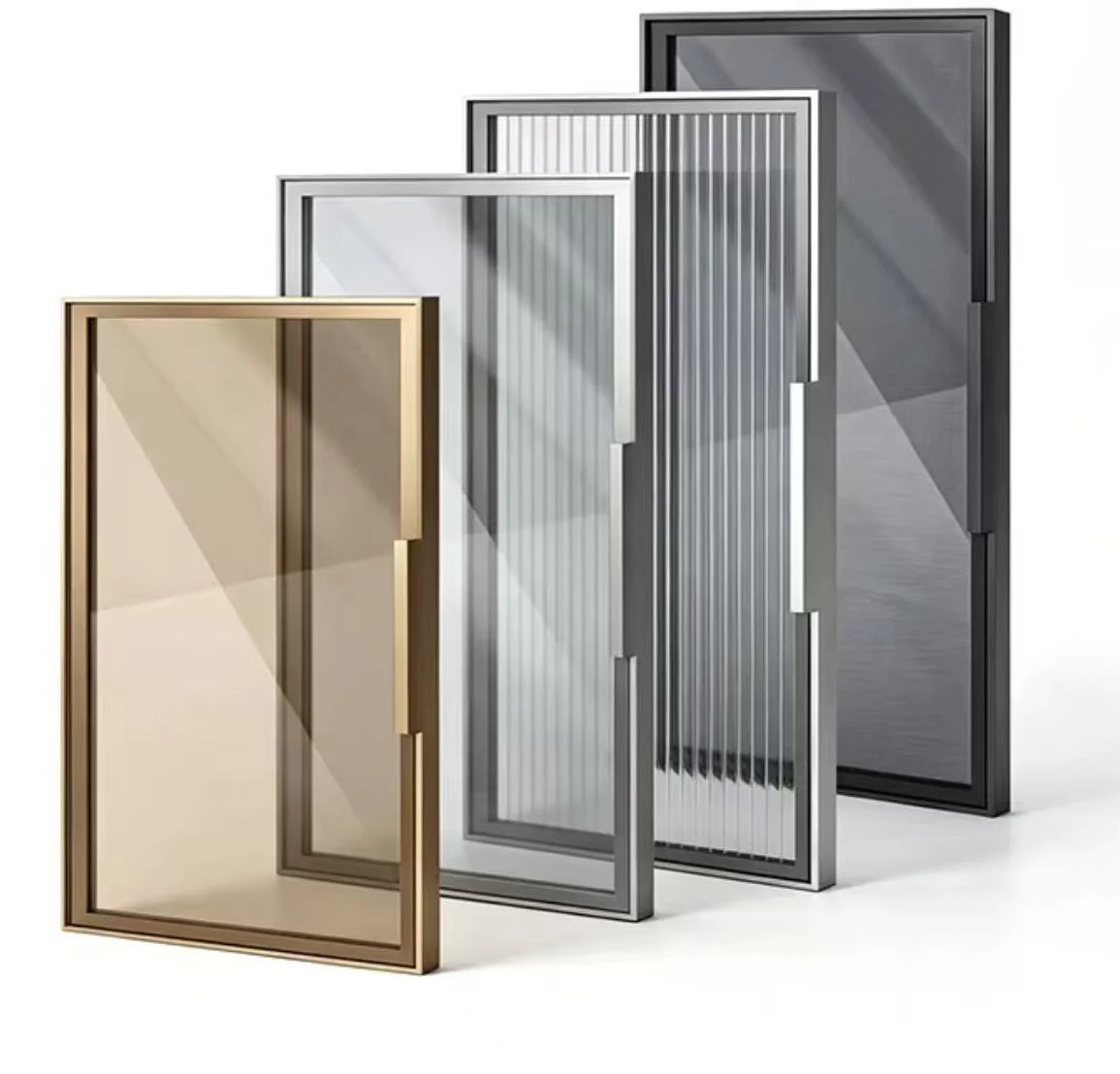 Custom aluminum frame glass doors in gold, silver and black finishes with clear, reeded and mesh glass
